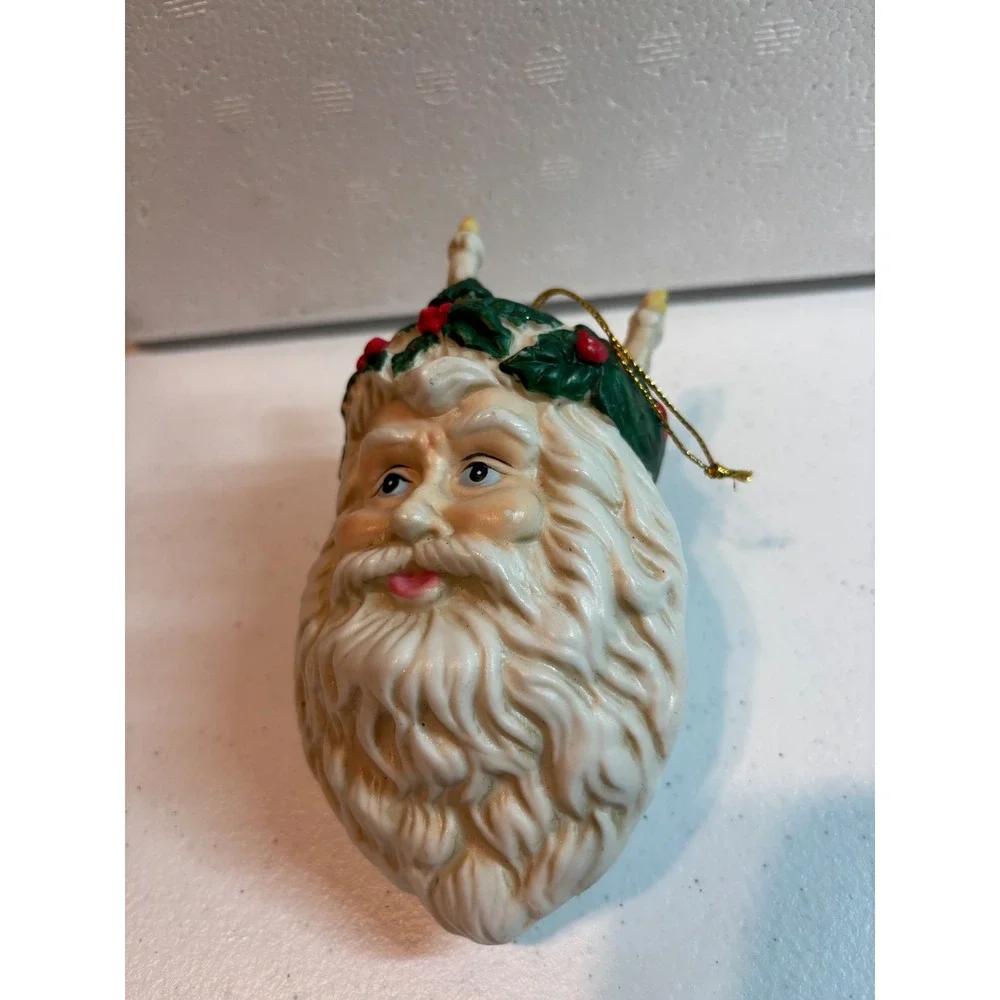 Vintage Santa Claus Head Christmas Ornament‎ with Candles Holly Berries